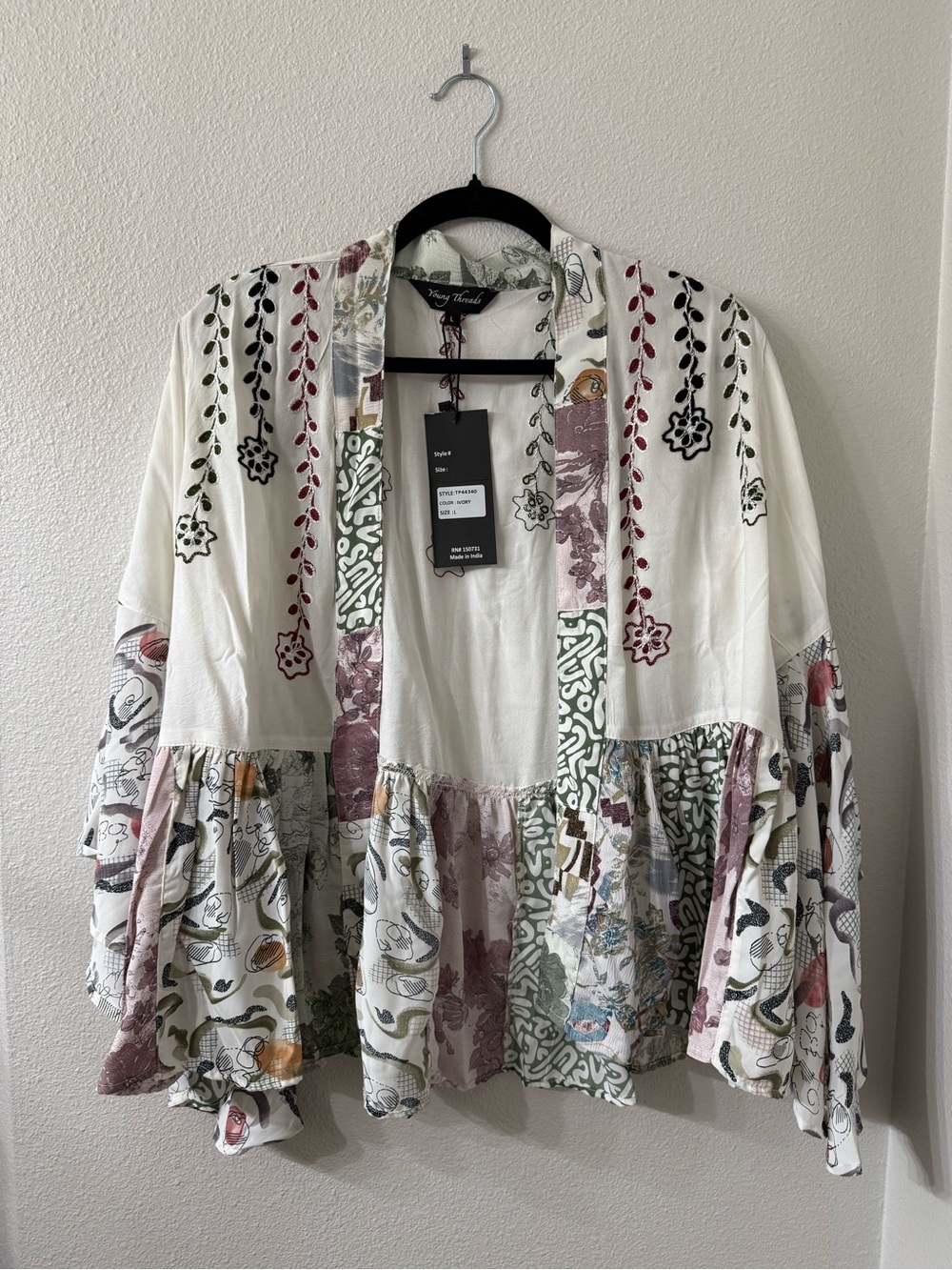 Young Threads ivory patchwork embroidered kimono cardigan in a size large